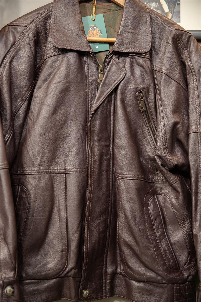 90s Acı Kahve Oversize Bomber Deri Ceket