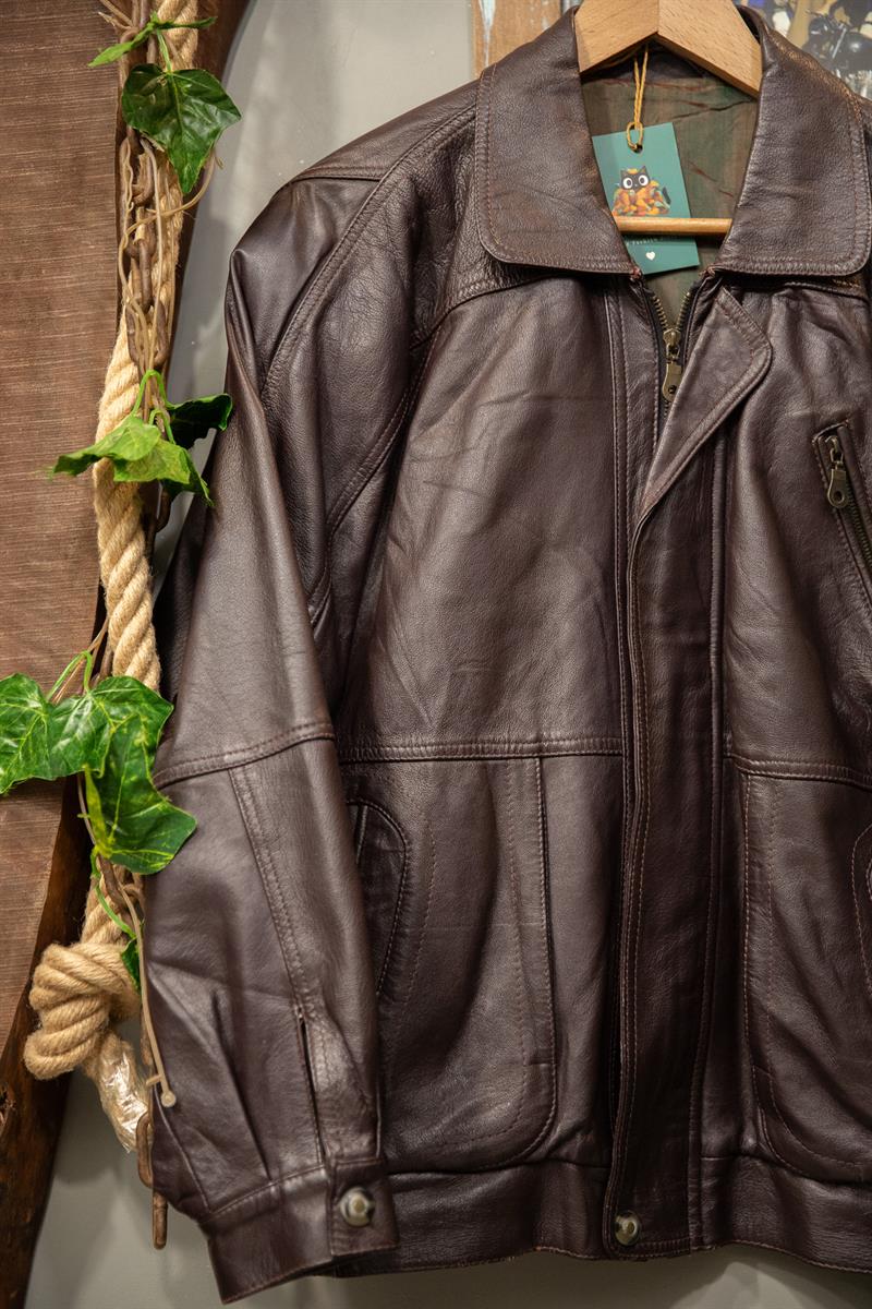 90s Acı Kahve Oversize Bomber Deri Ceket