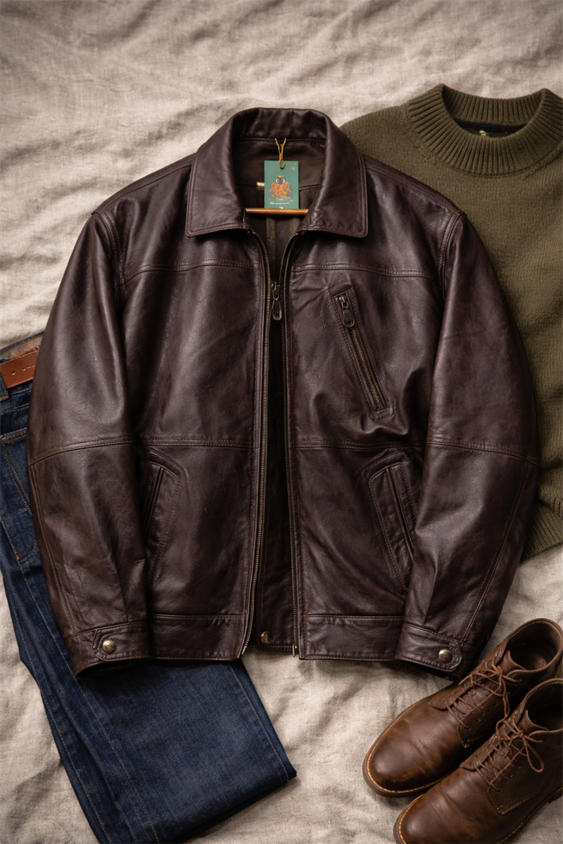 90s Acı Kahve Oversize Bomber Deri Ceket