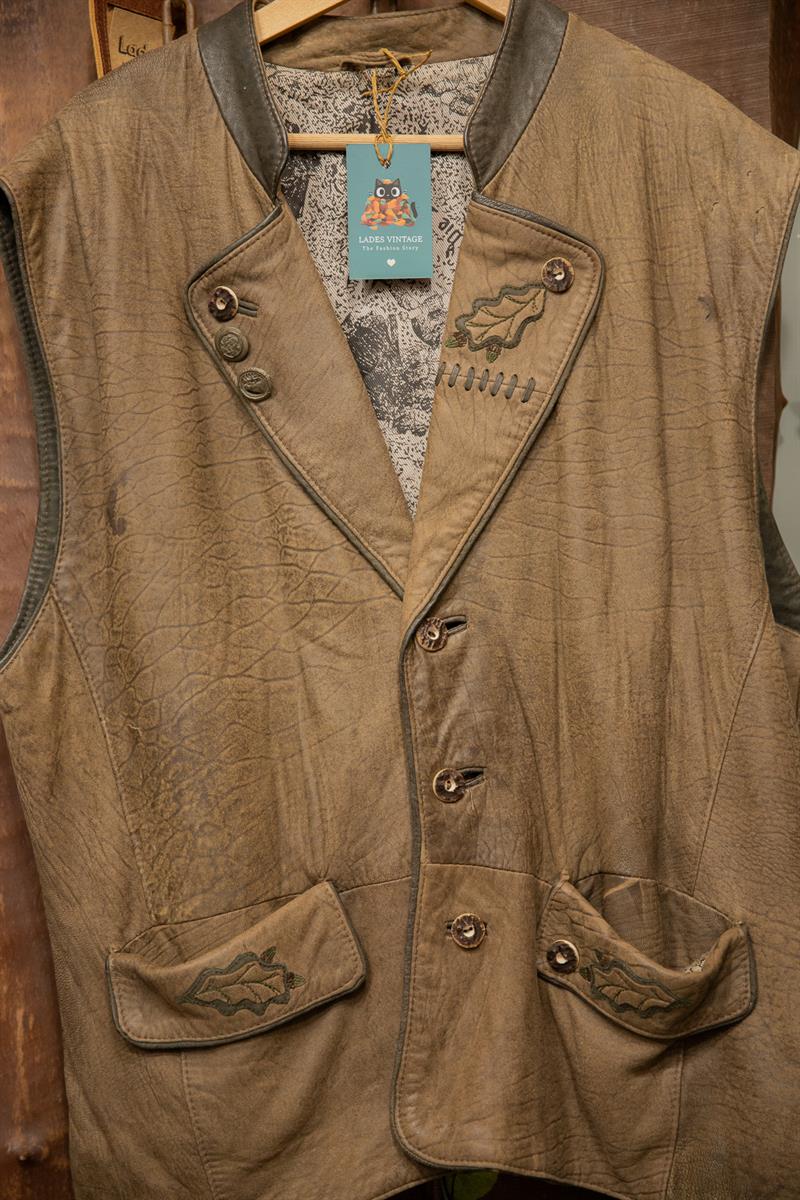 90s Austrian Vest Nakışlı Deri Yelek