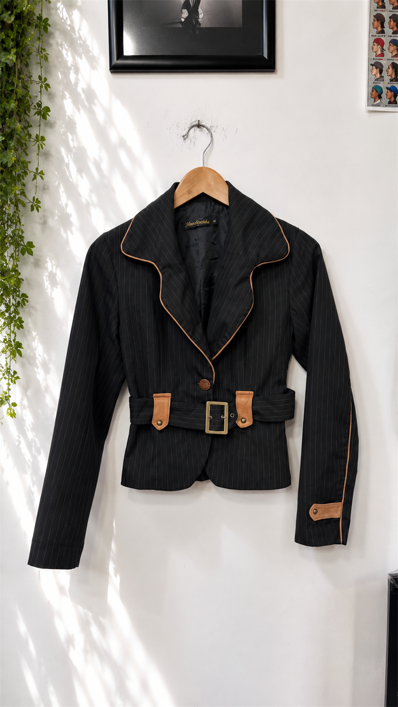 90s Belted Pinstripe Blazer Ceket