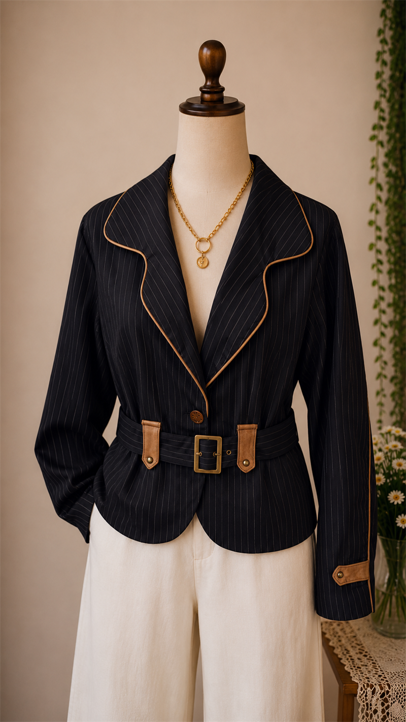 90s Belted Pinstripe Blazer Ceket