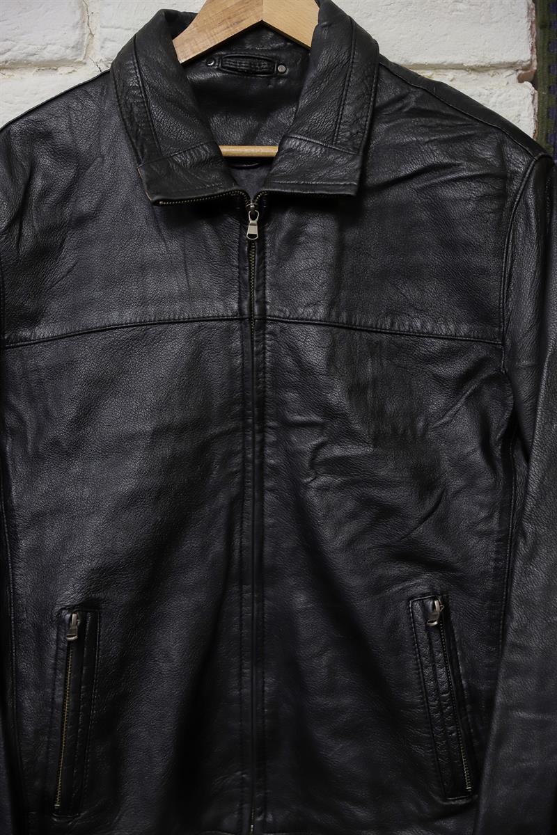 90s Biker Black Deri Ceket