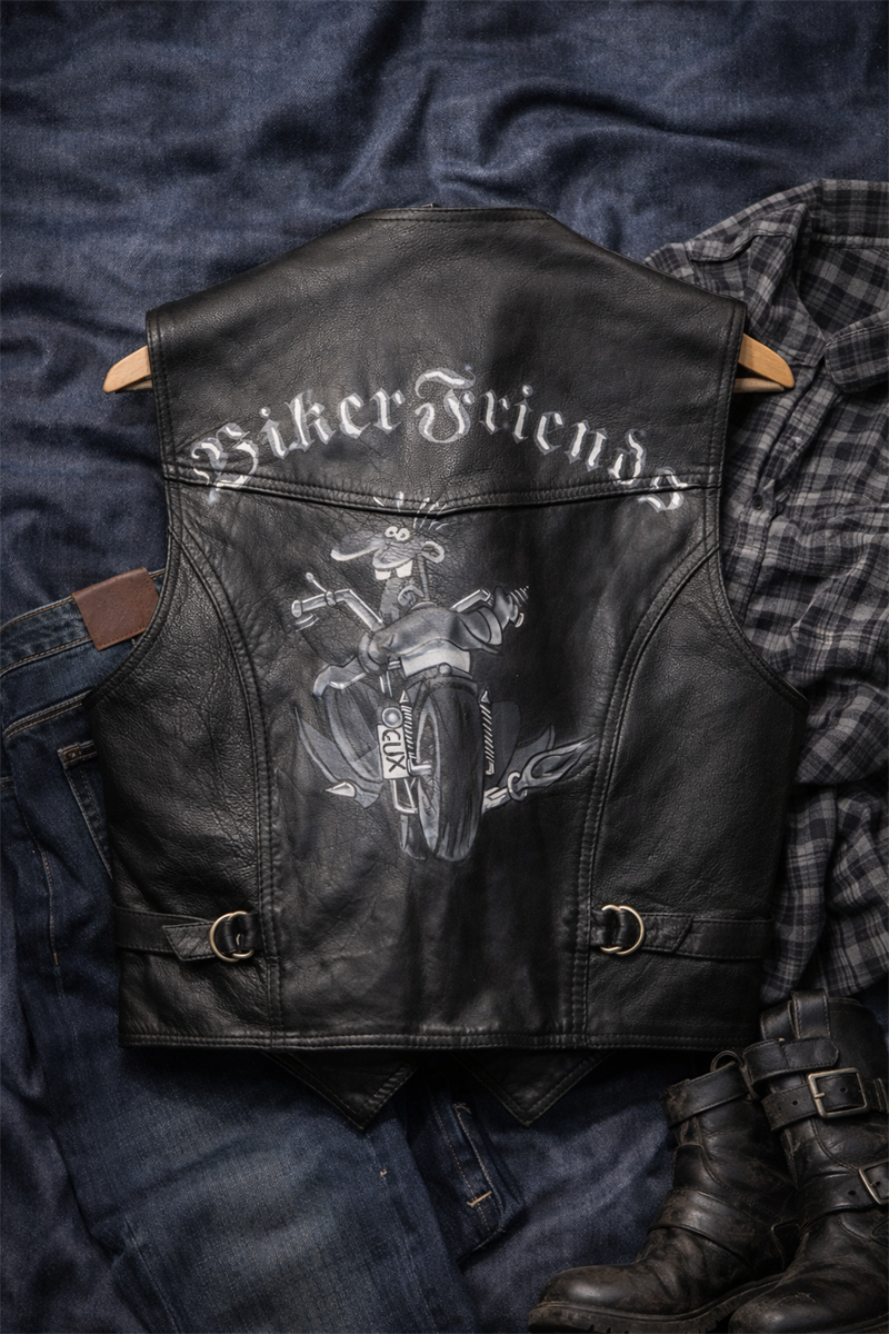 90s Biker Boyama Deri Yelek