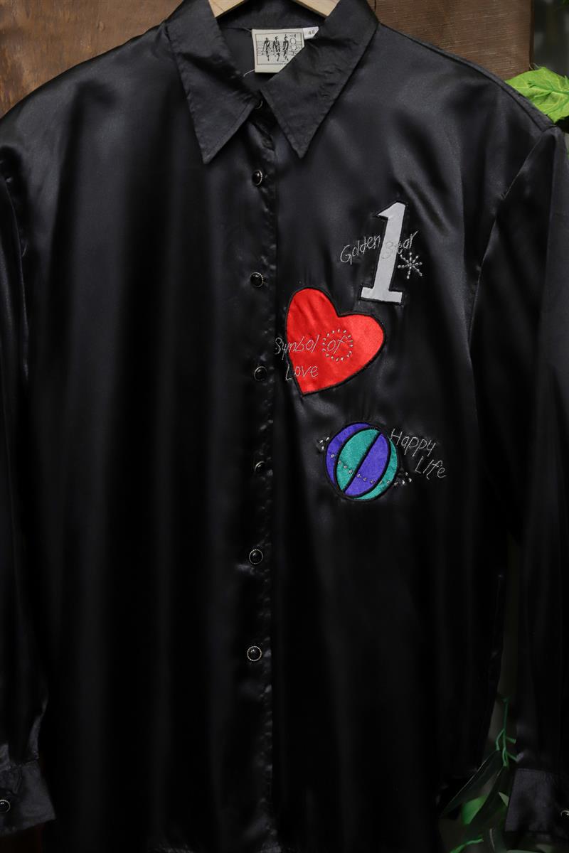 90s Black Glossy Graphic Gömlek