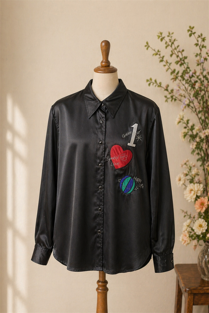 90s Black Glossy Graphic Gömlek