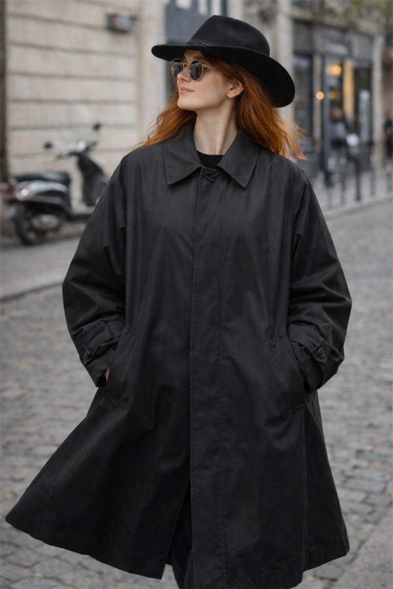 90s Black Track Ceket / Trenchcoat