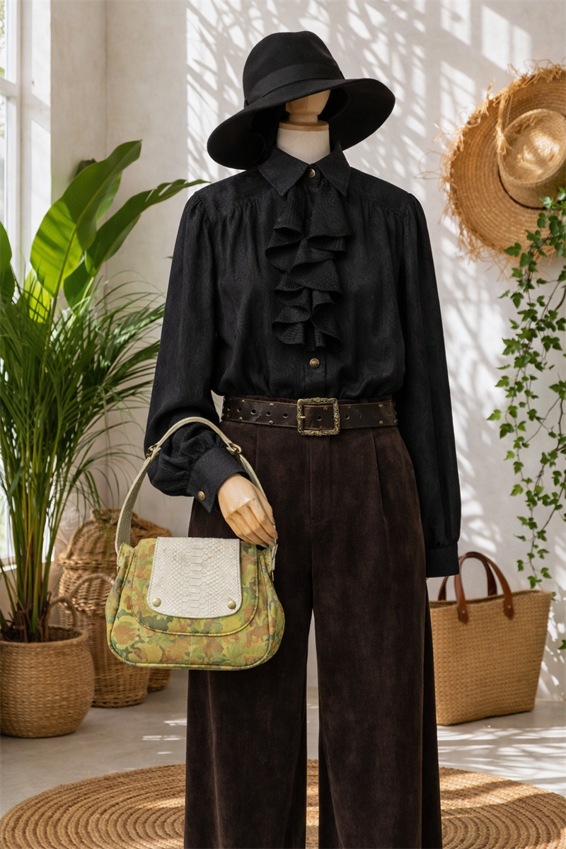 90s Black Zebra Ruffle Blouse/Gömlek