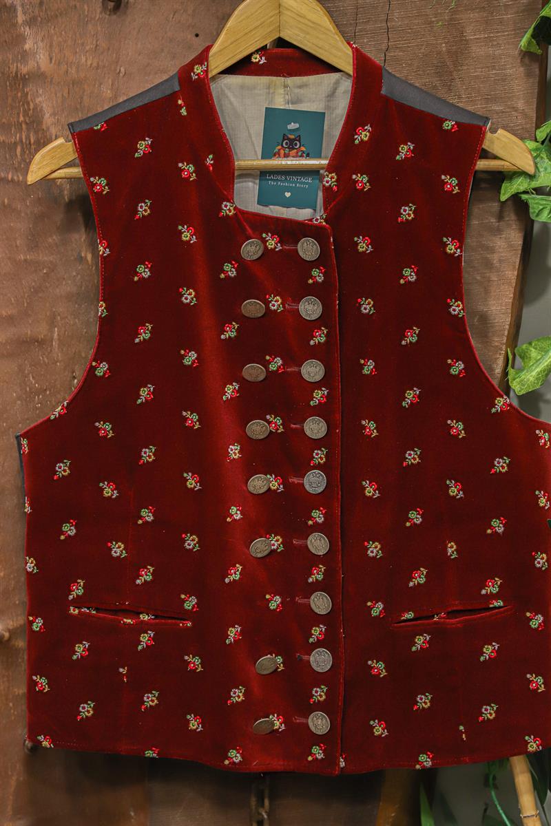 90s Bohemian Red Velvet Kadife Yelek