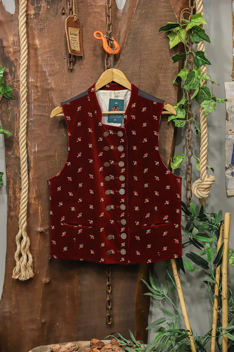 90s Bohemian Red Velvet Kadife Yelek