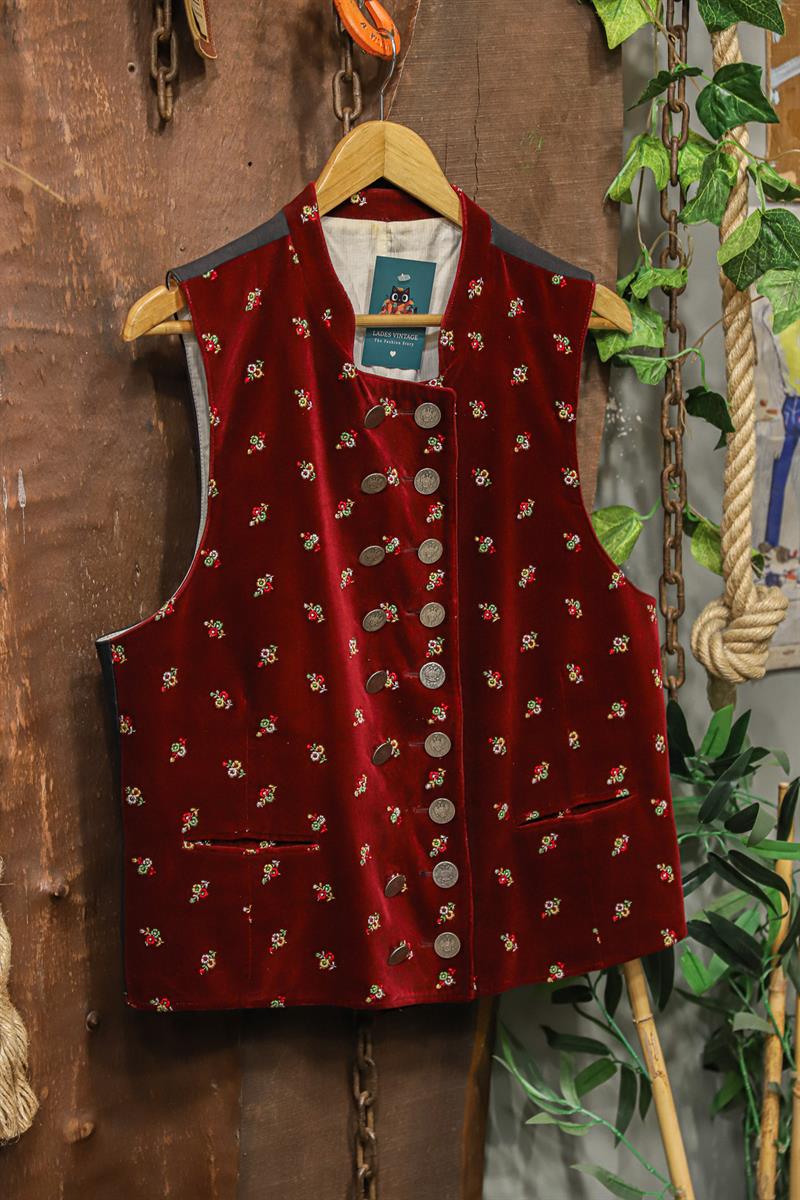 90s Bohemian Red Velvet Kadife Yelek