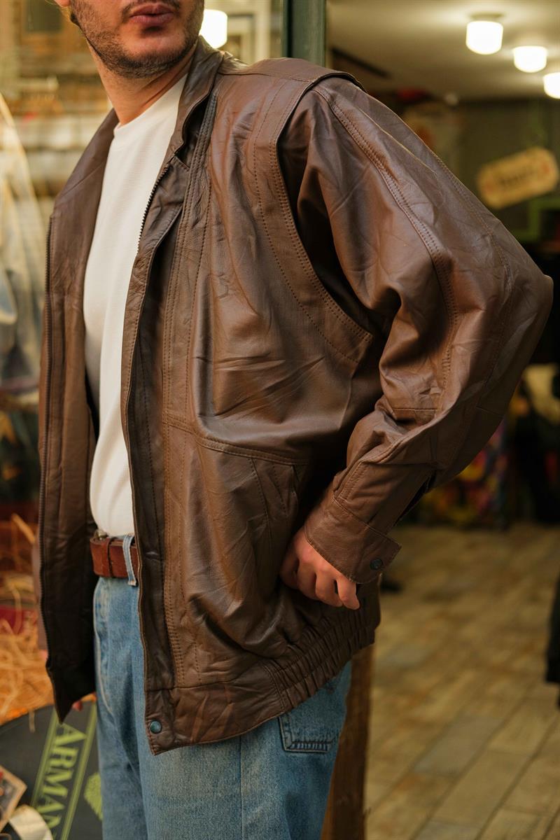 90s Bomber Model Kahve Ton Unisex Deri Ceket