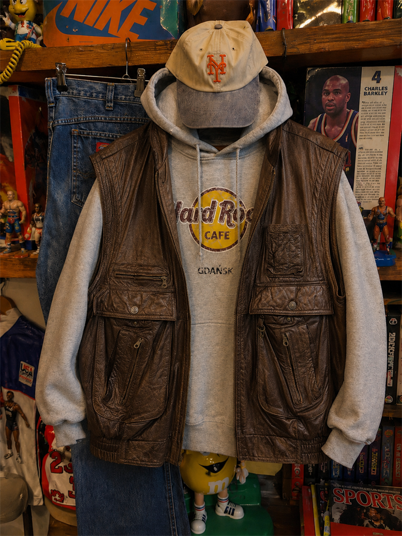 90s Brown Cepli Biker Deri Yelek