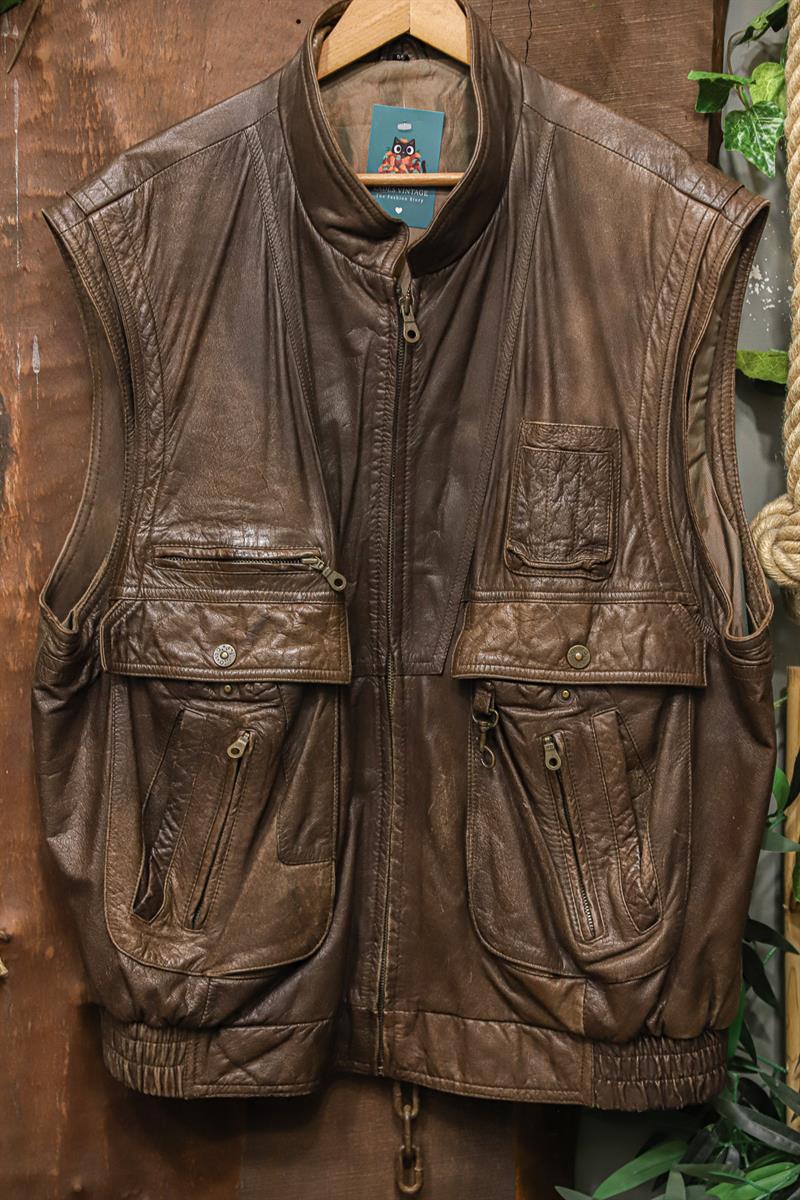 90s Brown Cepli Biker Deri Yelek