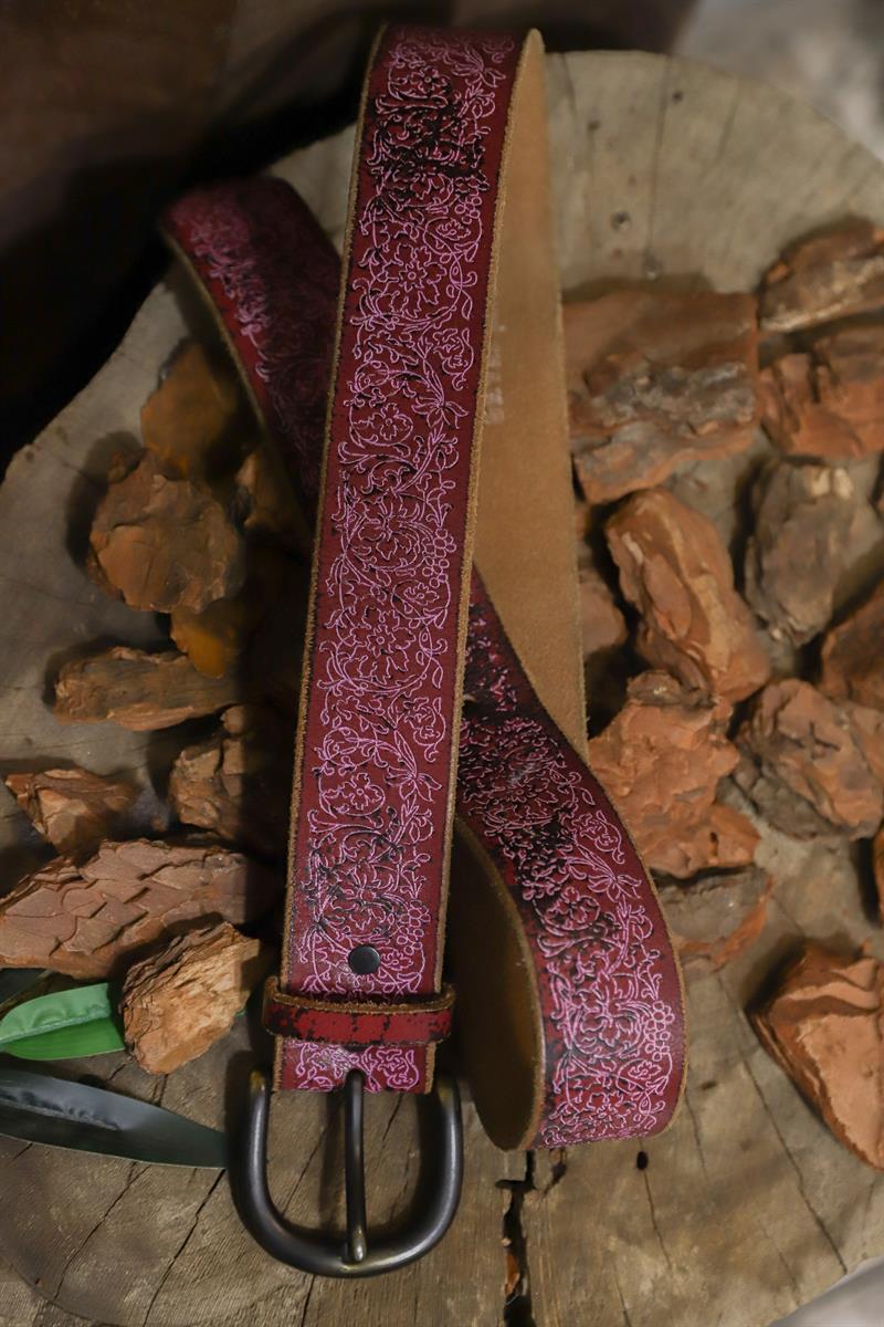 90s Burgundy Boho Kabartmalı Deri Kemer