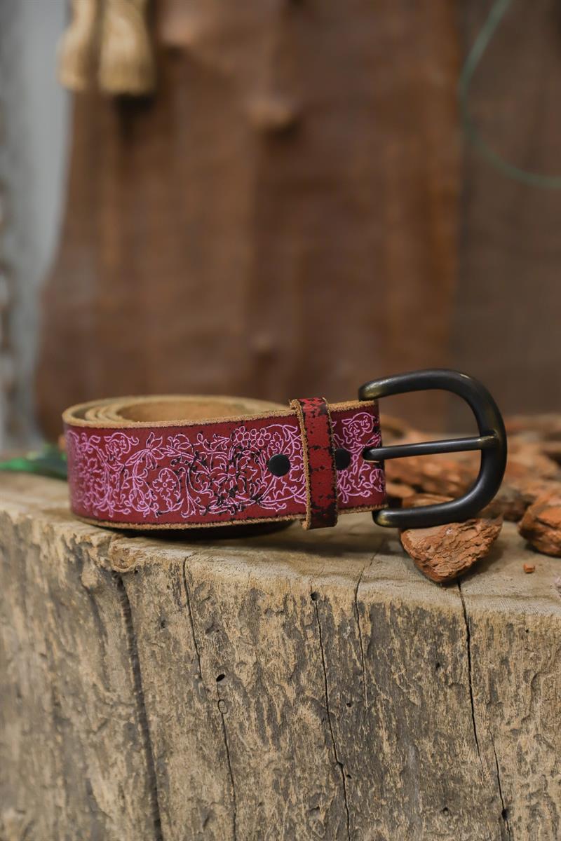 90s Burgundy Boho Kabartmalı Deri Kemer