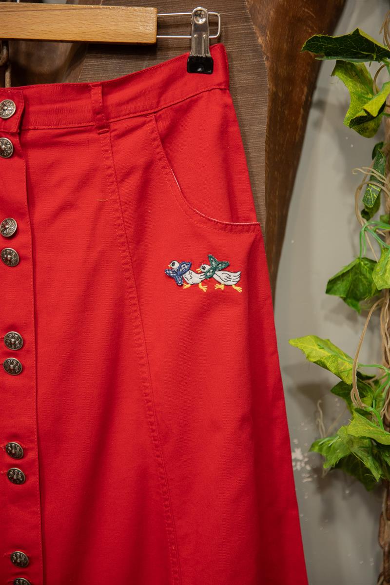 90s Cherry Red Nakışlı Canvas Etek