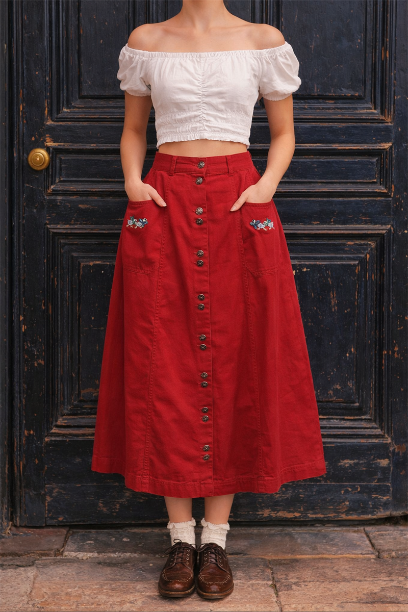 90s Cherry Red Nakışlı Canvas Etek