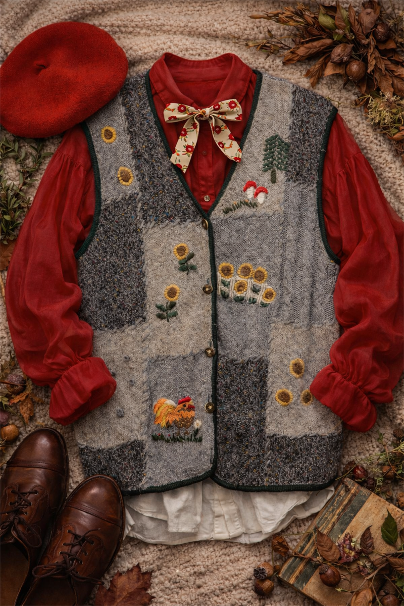 90s El Nakışlı Florak Wool Yelek