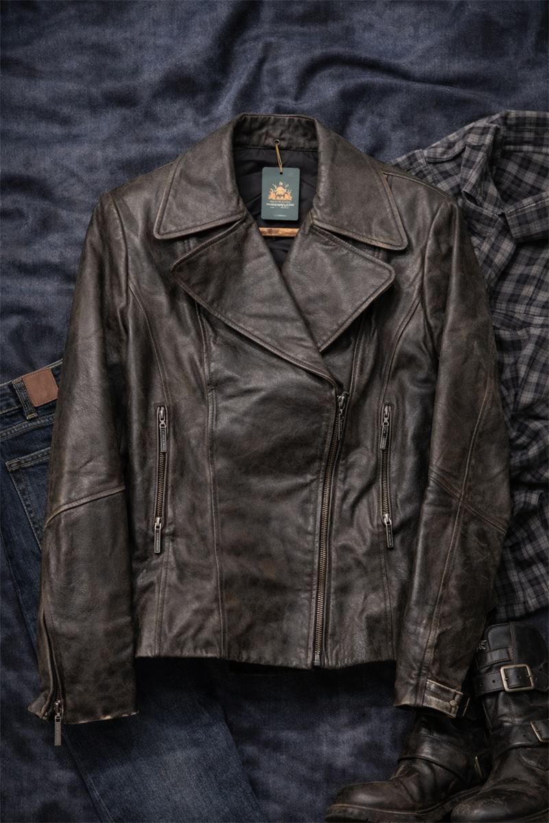 90s Eskitme Biker Deri Ceket
