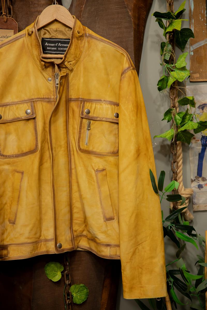 90s Eskitme Hardal Biker Deri Ceket