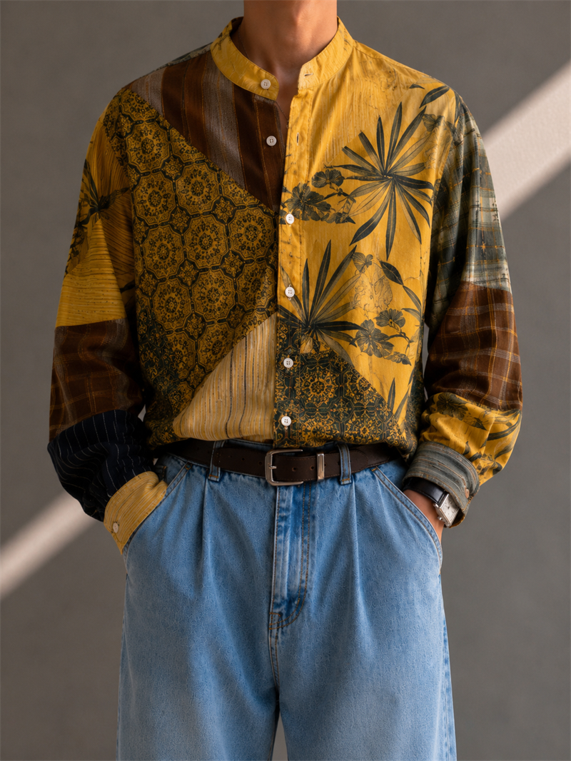 90s Ethnic Motifli Hakim Yaka Gömlek