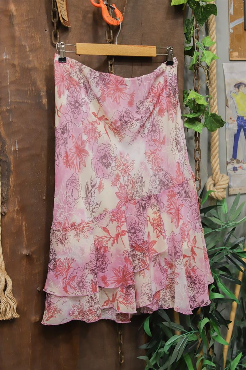 90s Floral Şifon Midi Etek