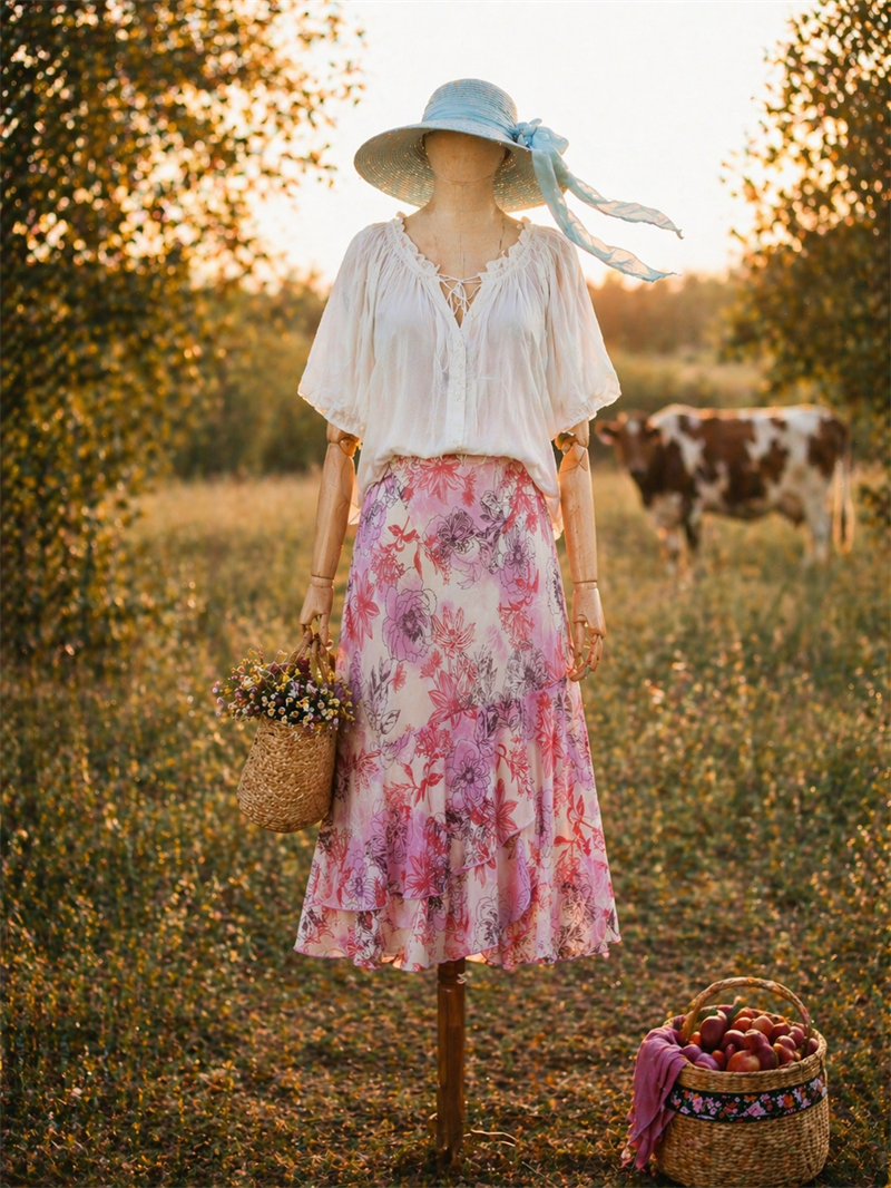 90s Floral Şifon Midi Etek