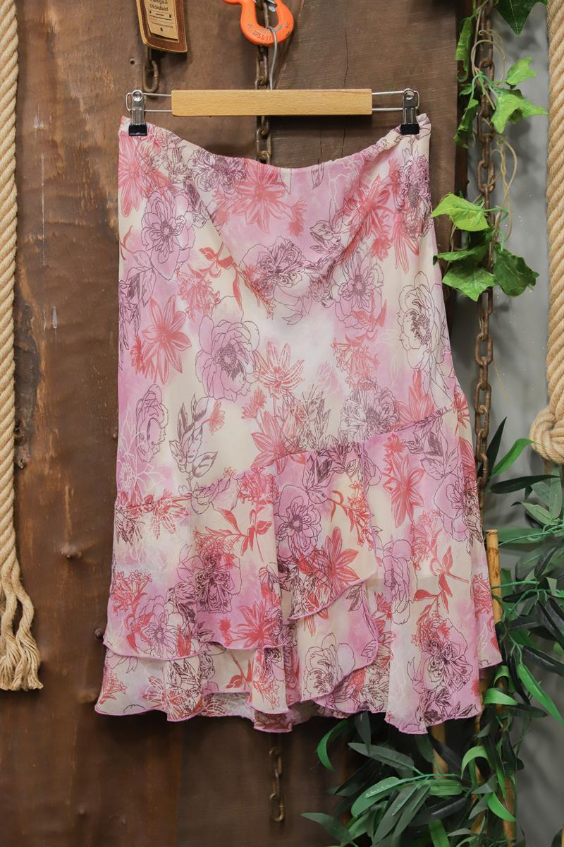 90s Floral Şifon Midi Etek