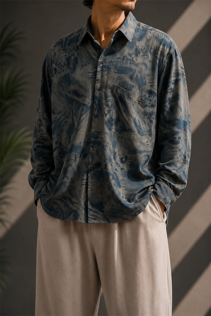90s Füme Desenli Oversize Gömlek