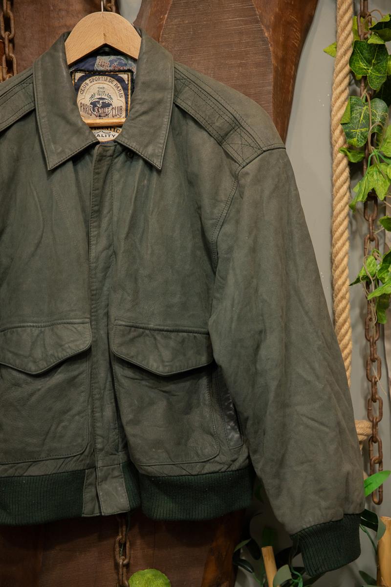 90s Haki Renk Paris Stunt Bomber Deri Ceket