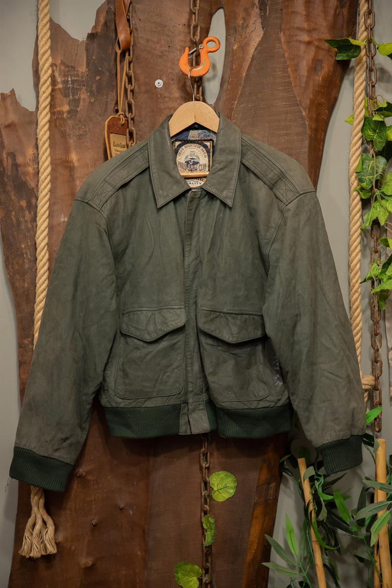 90s Haki Renk Paris Stunt Bomber Deri Ceket