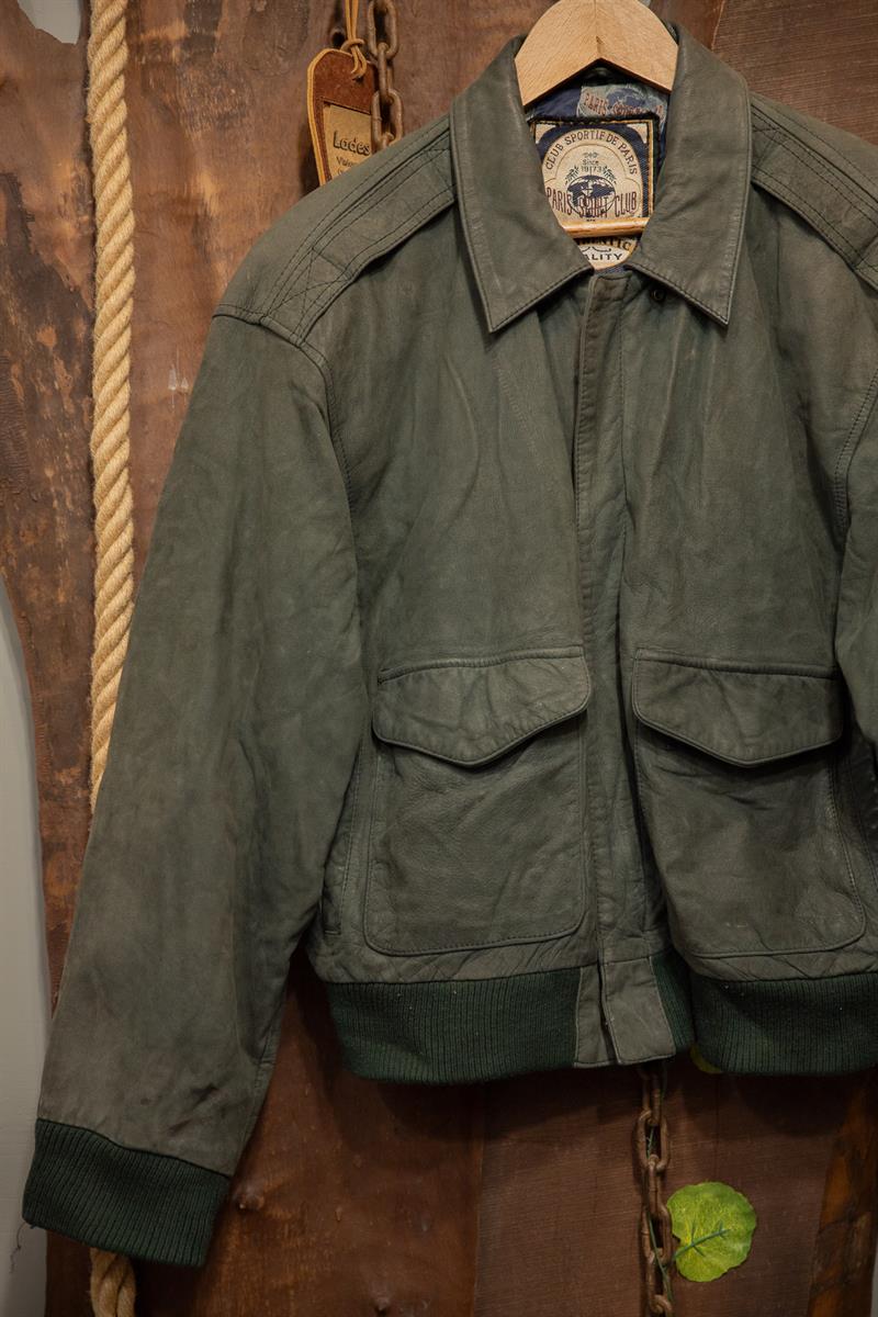 90s Haki Renk Paris Stunt Bomber Deri Ceket
