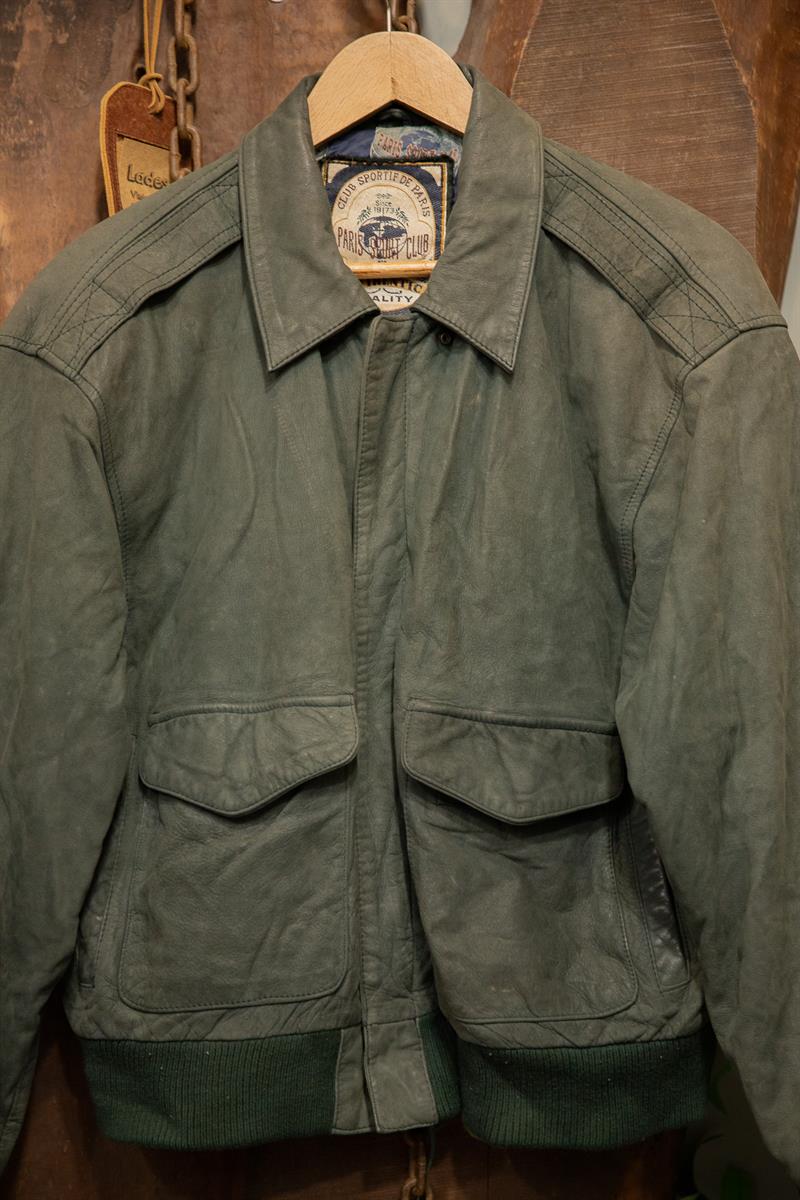 90s Haki Renk Paris Stunt Bomber Deri Ceket
