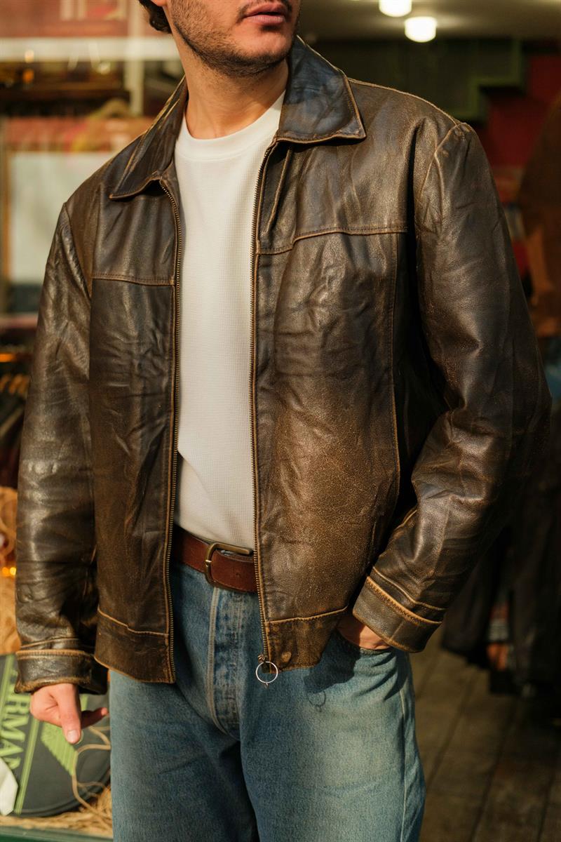 90s Italy VIA Acı Kahve Renk Unisex Biker Deri Ceket