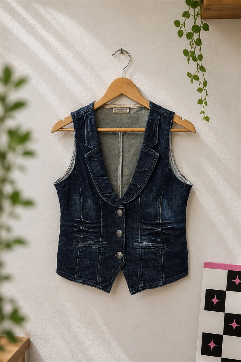 90s Kruvaze Yaka Western Denim Yelek