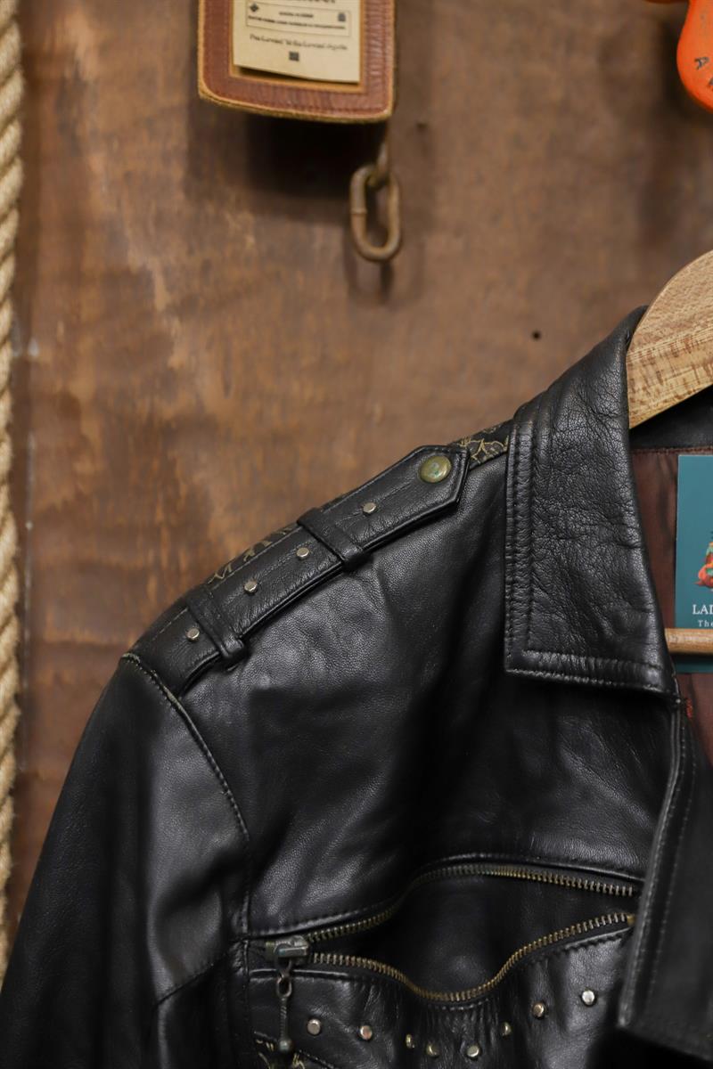 90s Nakışlı Biker Moto Deri Ceket