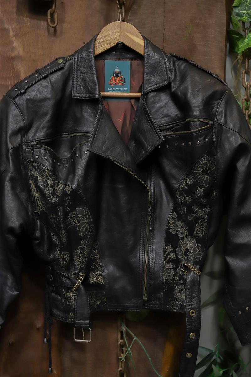 90s Nakışlı Biker Moto Deri Ceket