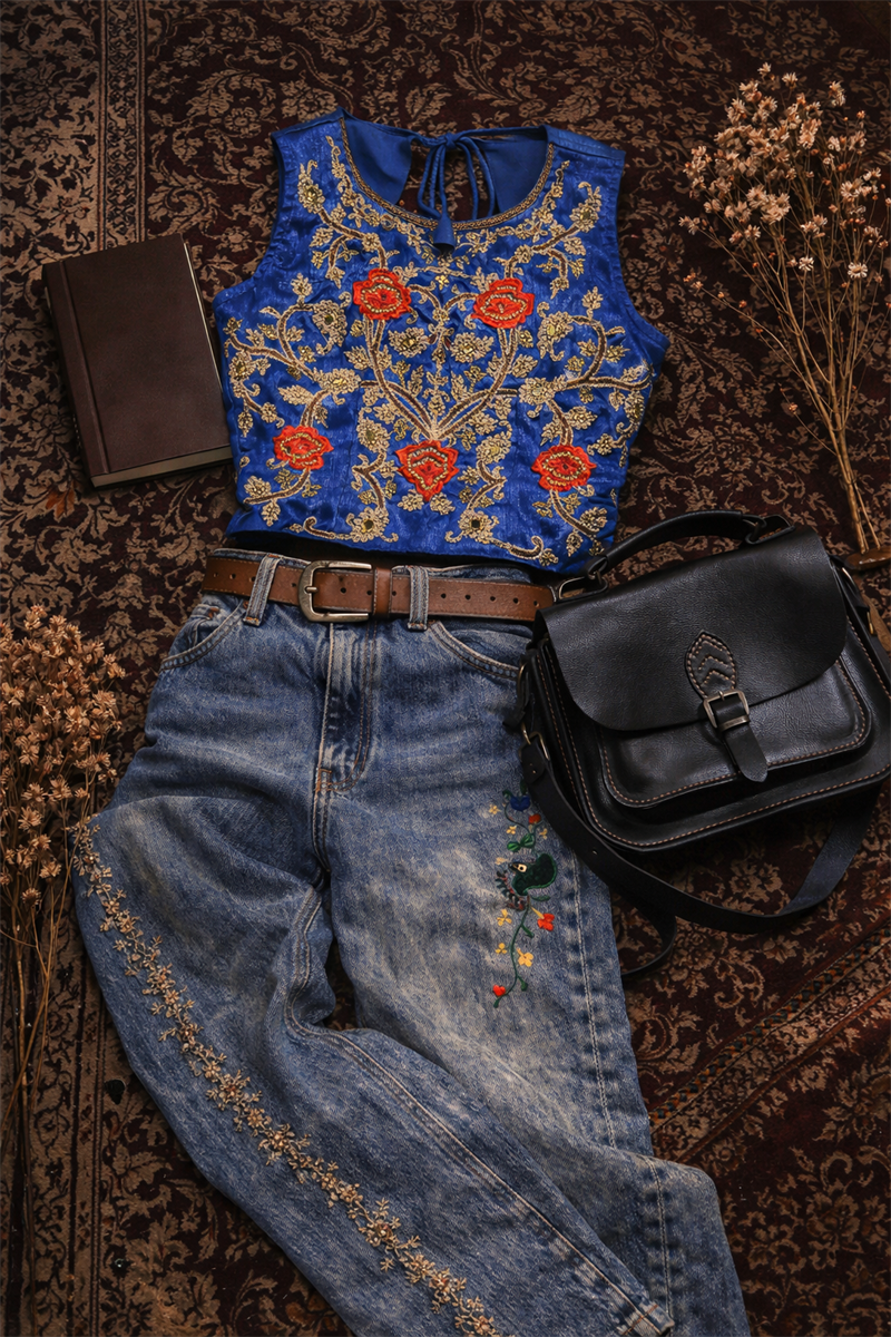 90s Nakışlı Boho Crop