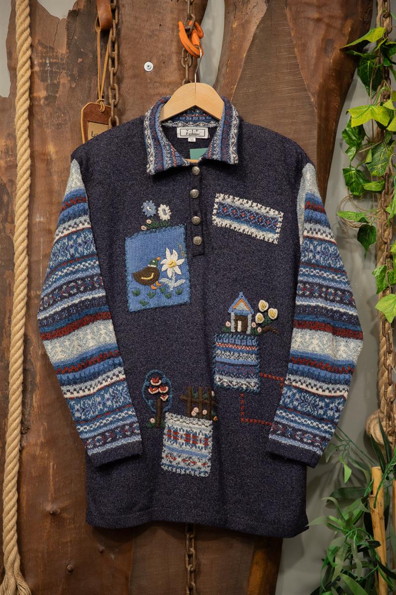 90s Navy VIP Nakışlı Kazak