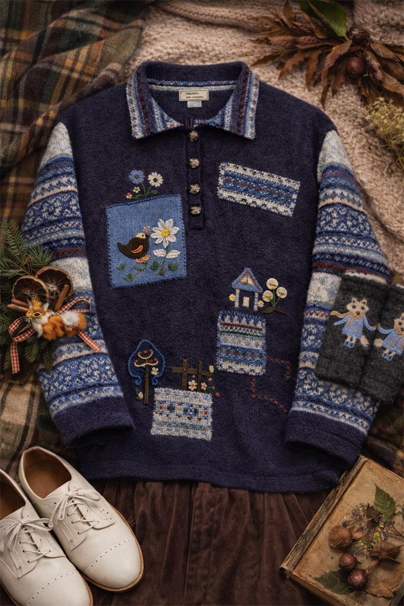 90s Navy VIP Nakışlı Kazak