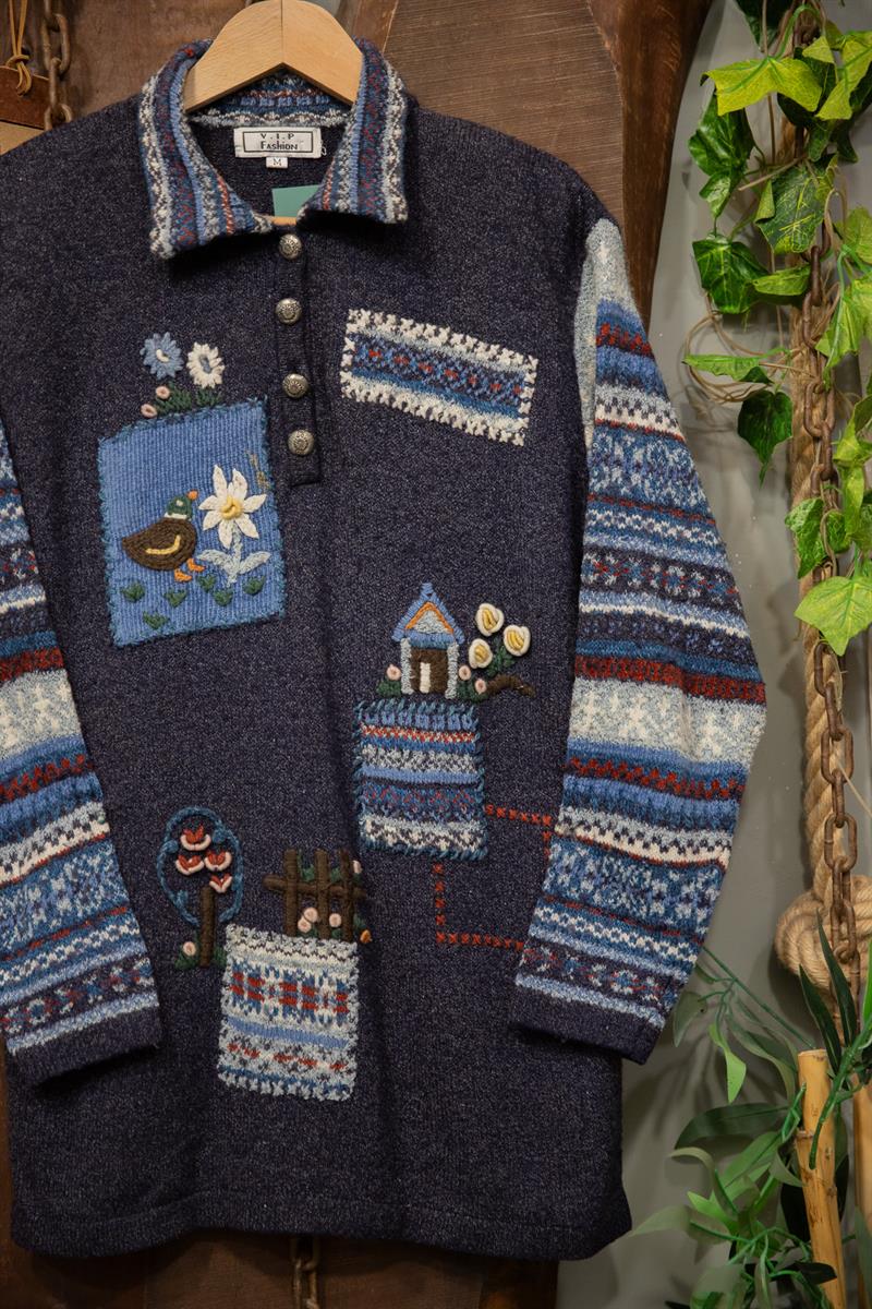 90s Navy VIP Nakışlı Kazak