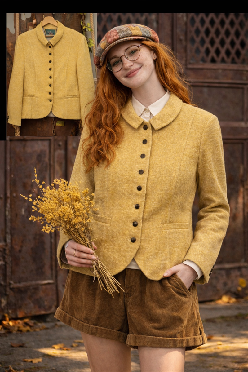 90s Old Money Gold Tweed Wool Ceket