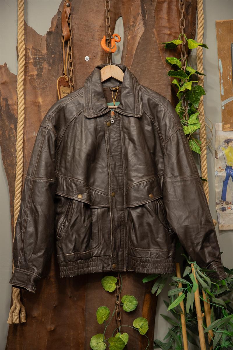 90s Oversize Acı Kahve Bomber Deri Ceket