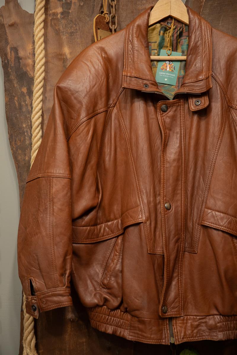90s Oversize Brown Bomber Deri Ceket