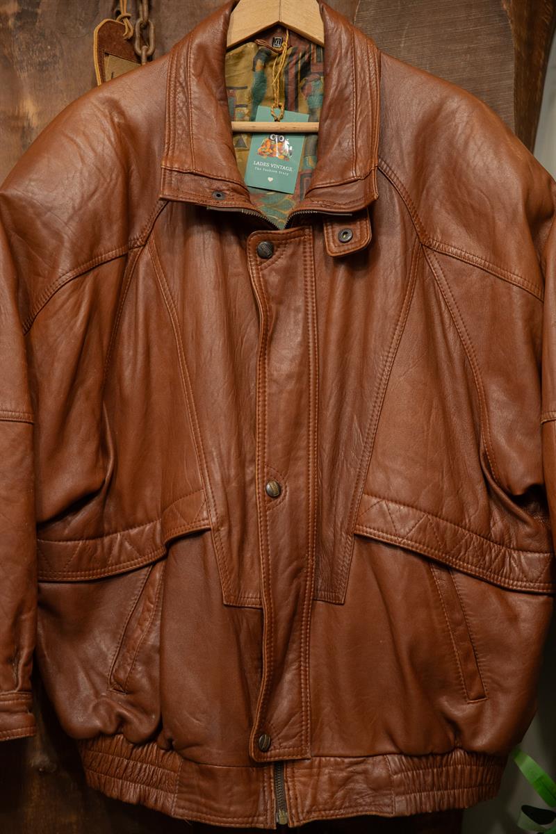 90s Oversize Brown Bomber Deri Ceket