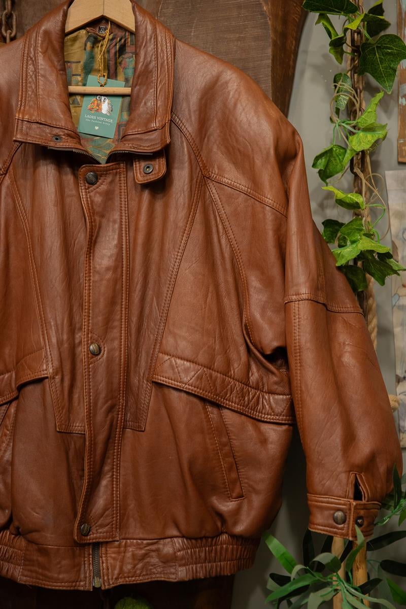 90s Oversize Brown Bomber Deri Ceket
