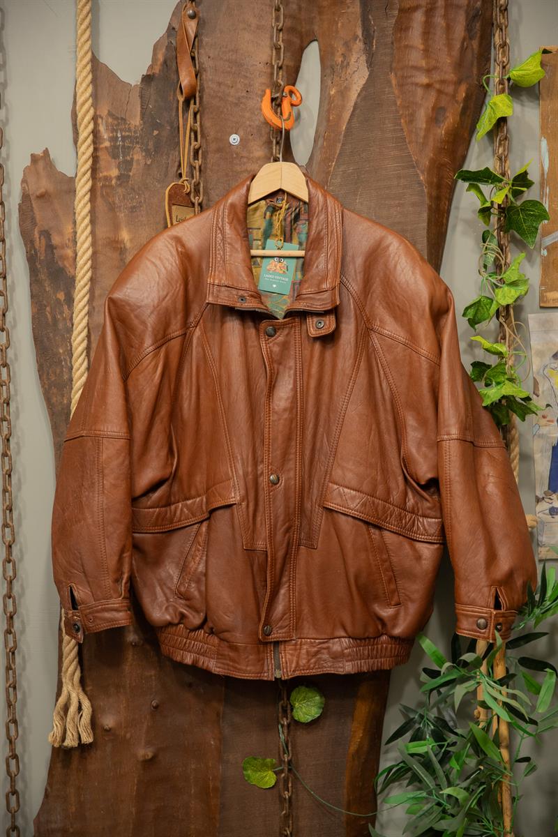 90s Oversize Brown Bomber Deri Ceket