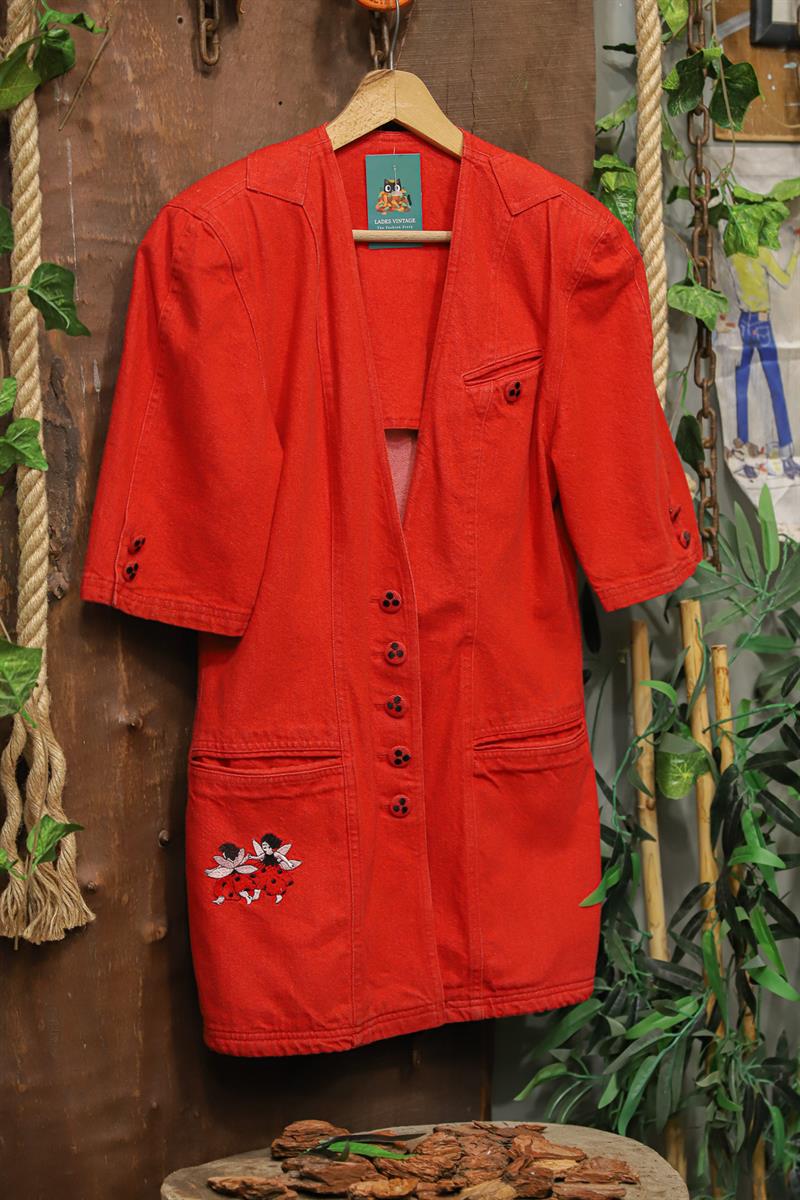 90s Playful Artistic Red Denim Ceket