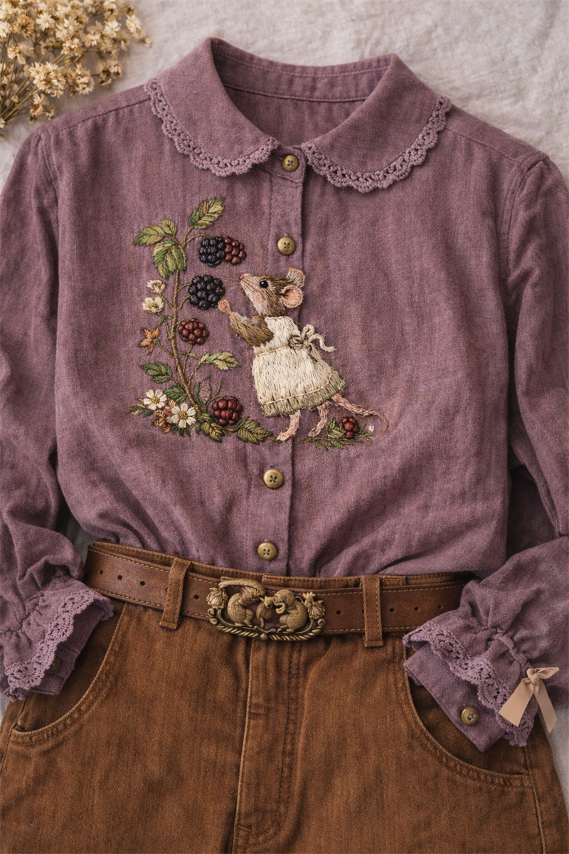 90s Purple Romantic Nakışlı Gömlek/Bluz